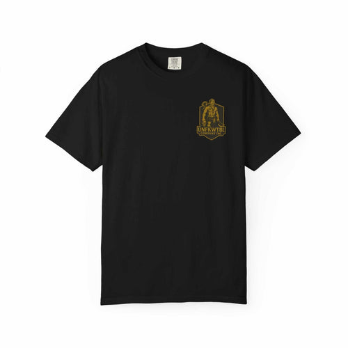 Epic Stormbearer black unisex graphic t-shirt with gold fantasy logo, casual gamer apparel