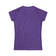 Purple women's tee with short sleeves and ribbed collar, back view