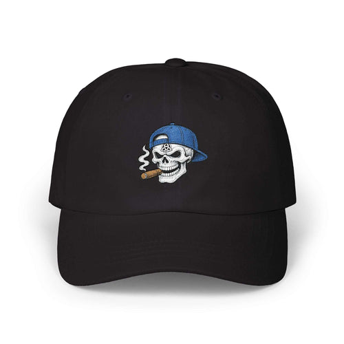 Skull with cigar embroidered on retro cotton dad cap with adjustable strap and pre-curved visor