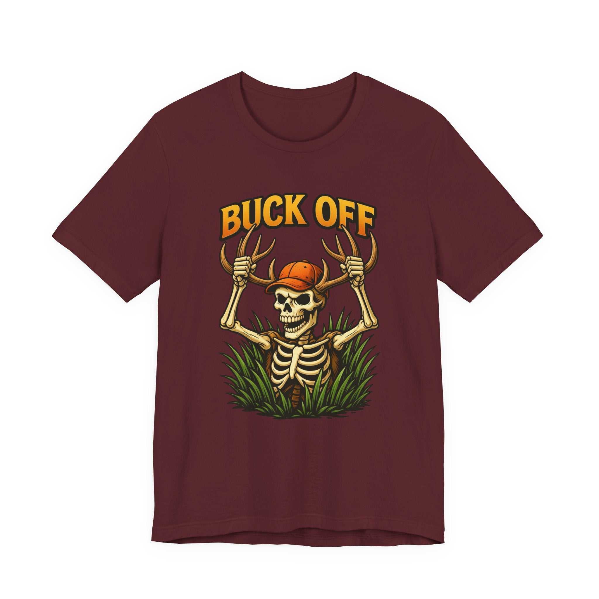 Buck Off Skeleton hunting t-shirt with grinning skeleton design and camouflage print