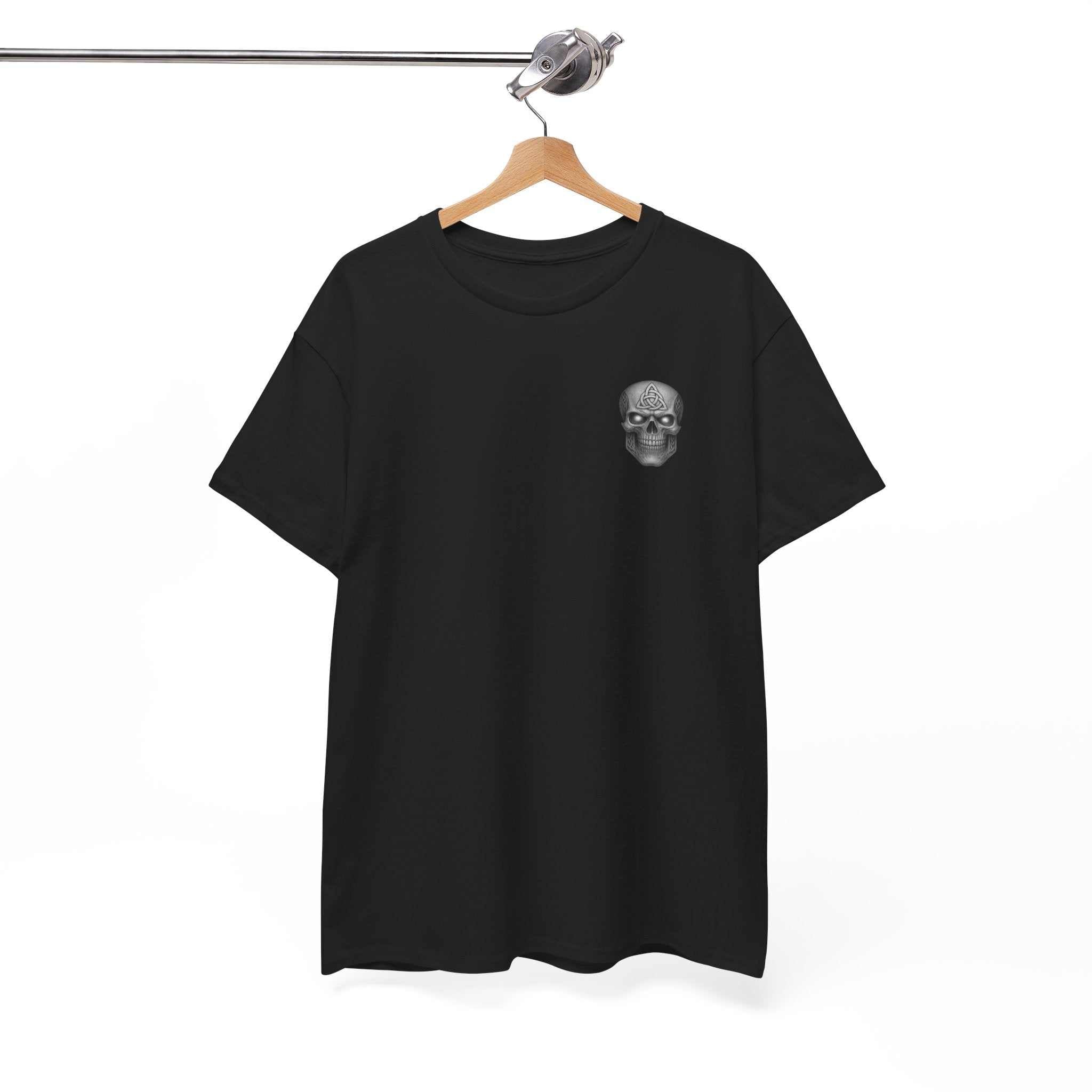 Black unisex heavy cotton tee with small detailed skull graphic on chest, classic fit, durable fabric, and motivational design.