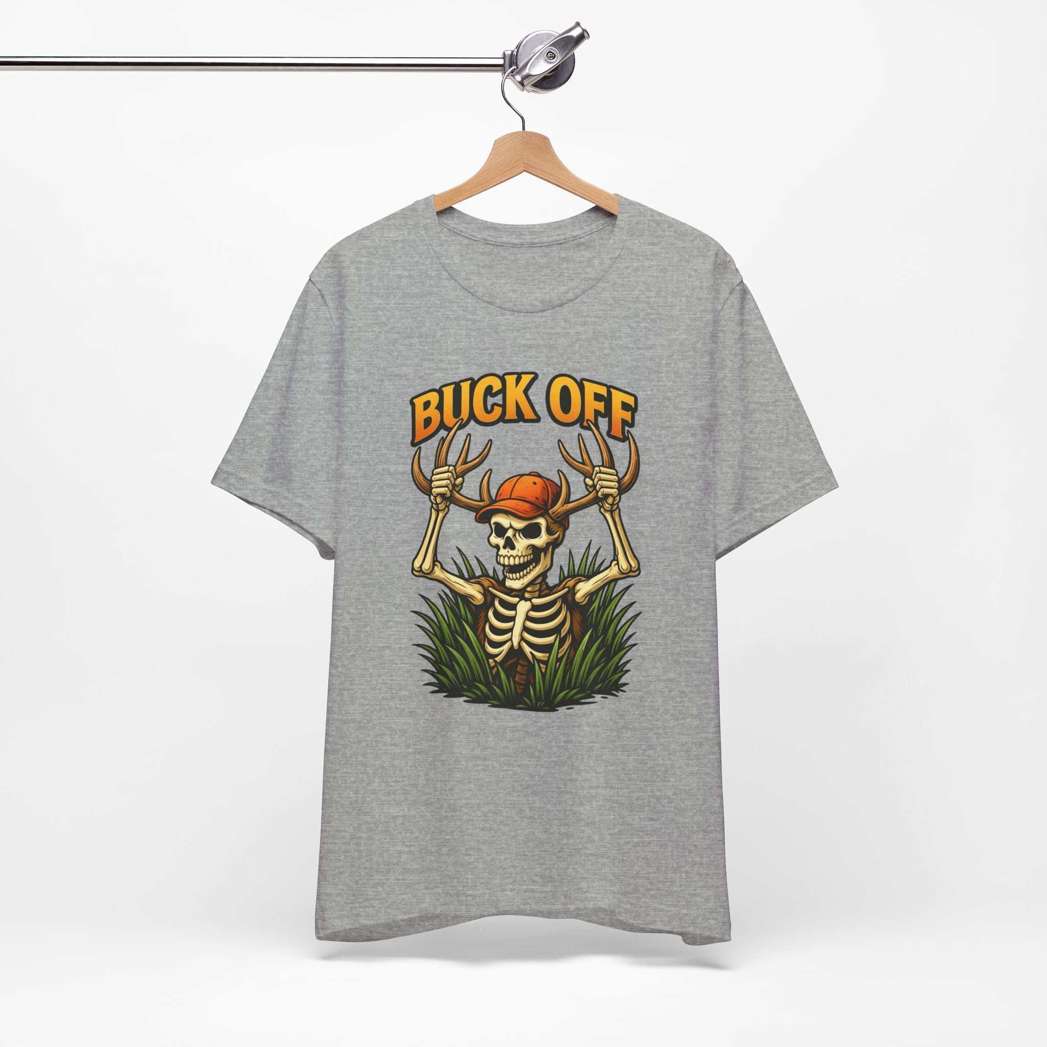 Buck Off Skeleton hunting t-shirt with grinning skeleton and camo design