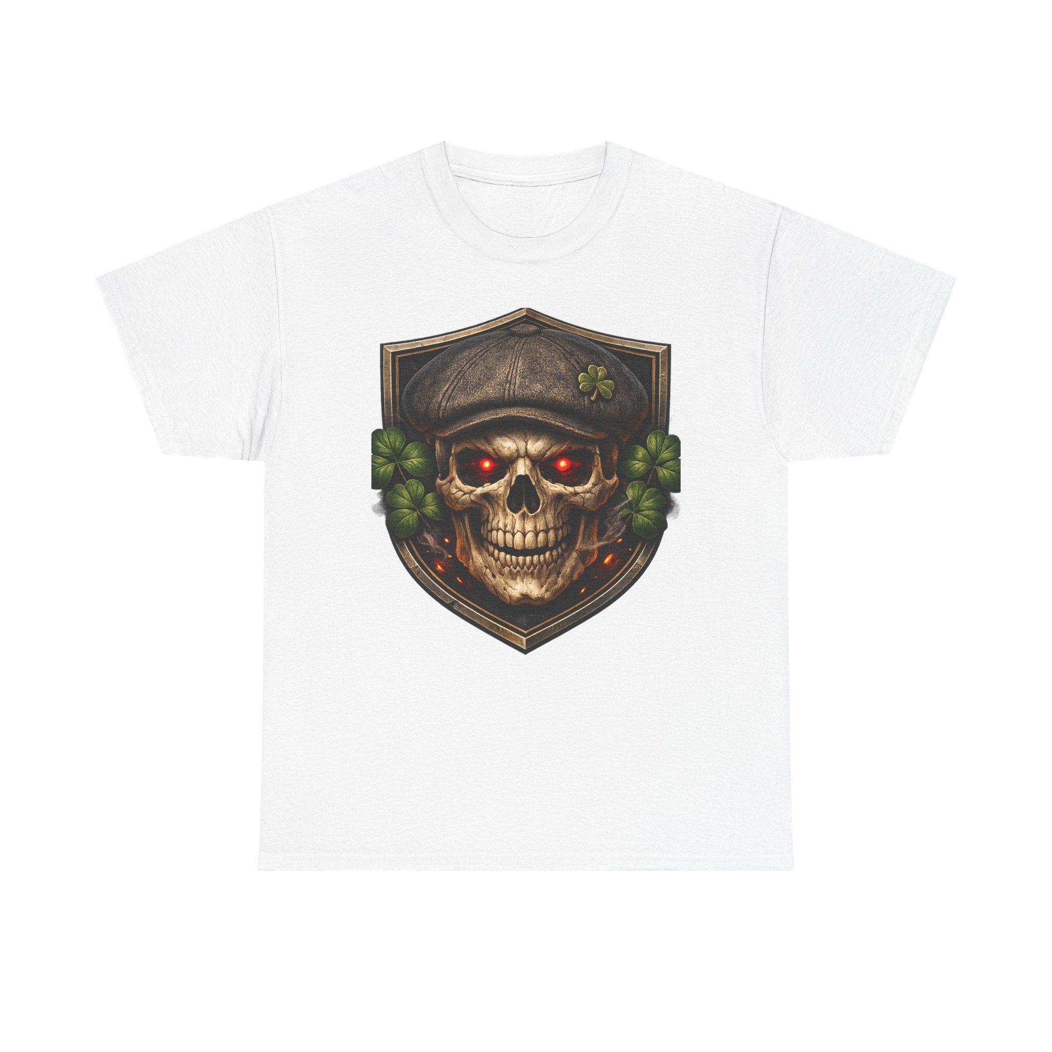 Skull & Shamrock Tee — Celtic Pirate Skull Shirt with Red-Eye Skeleton and Clover Badge