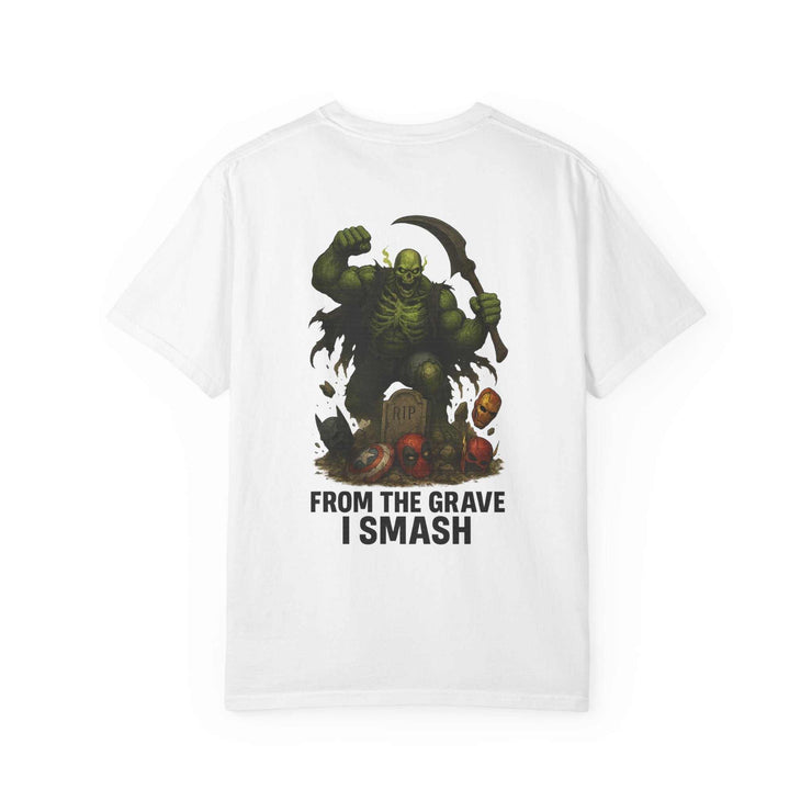 White graphic tee featuring Grim Reaper Hulk mashup design with "From the Grave I Smash" text