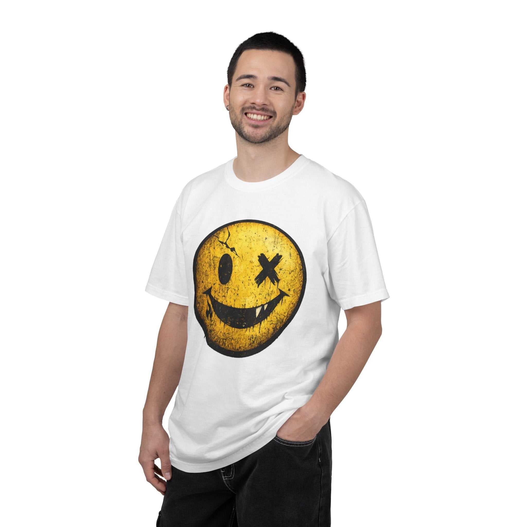 Grunge Smiley Tee — Distressed Yellow Smile Face T-Shirt