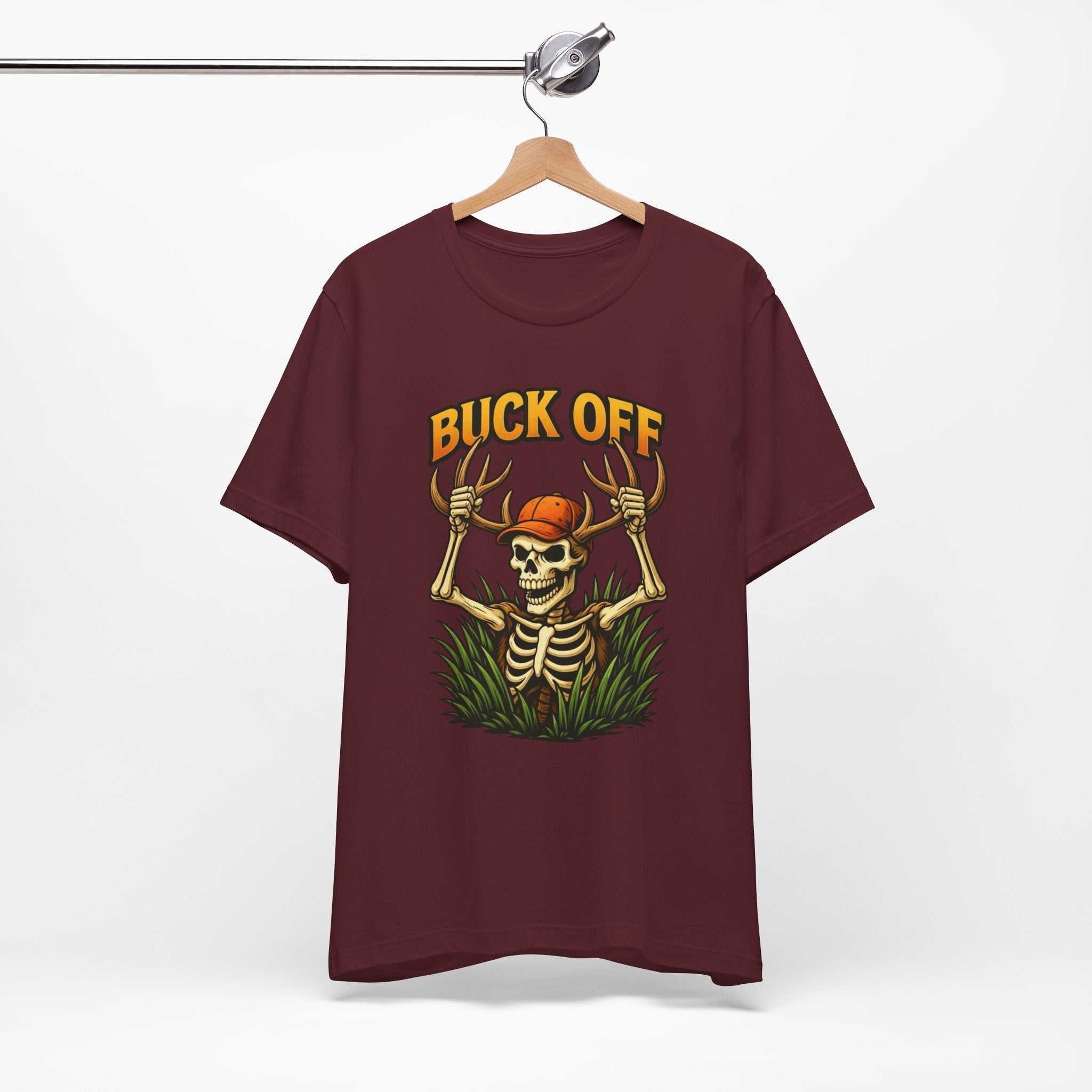 Buck Off Skeleton hunting t-shirt with grinning skeleton and camo design