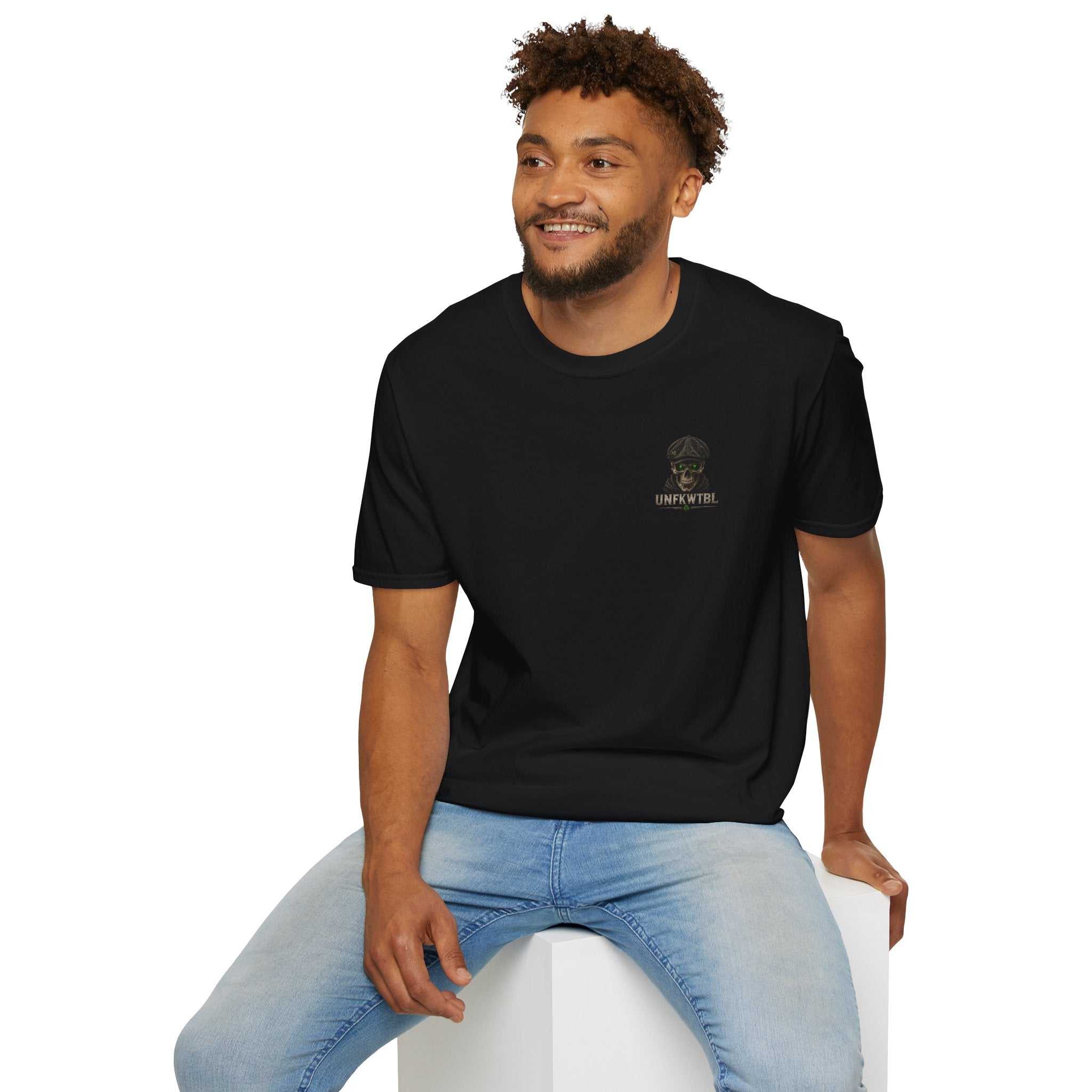 UNFKWTBL military tactical graphic tee with soldier design in night-vision green on stormy background