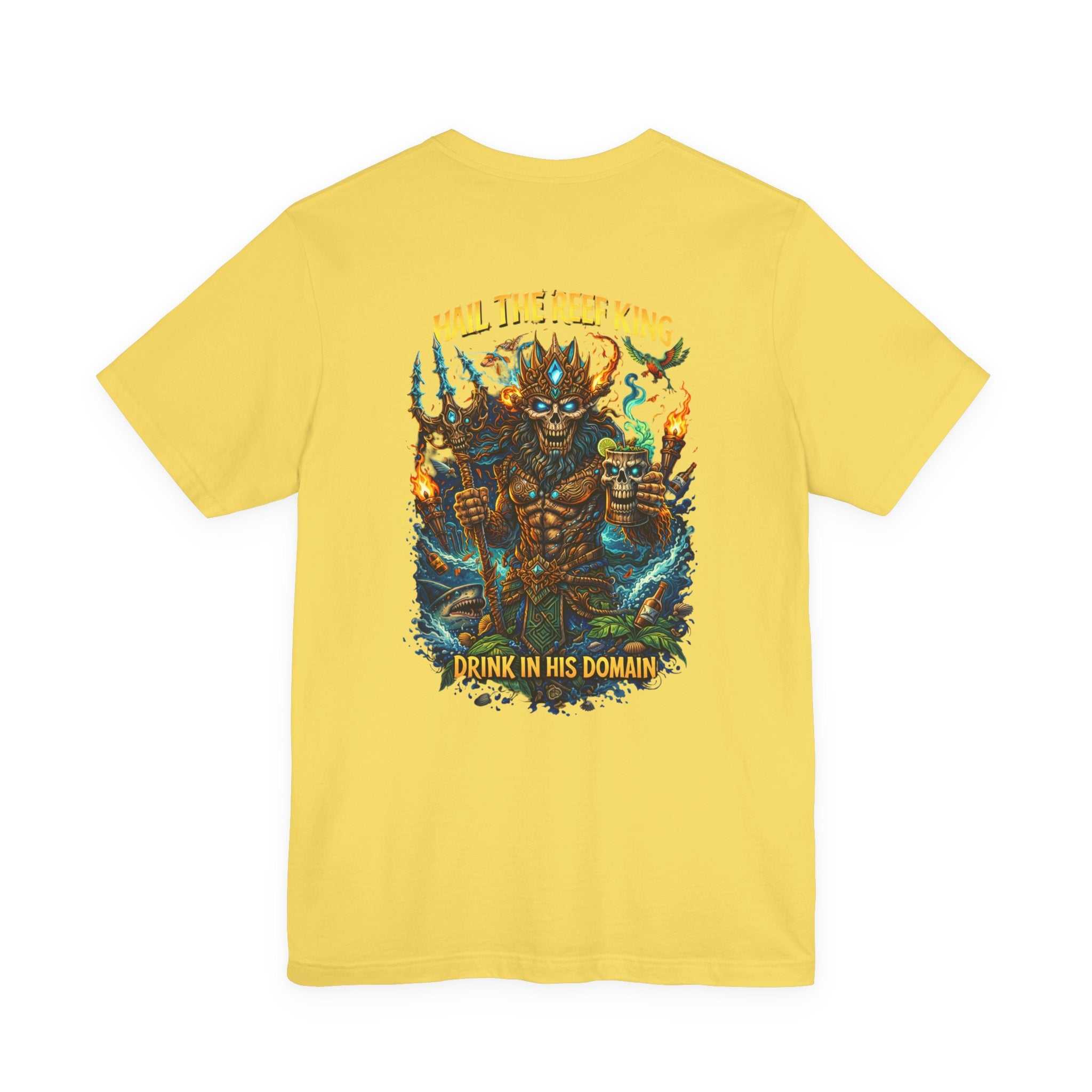 Hail the Reef King fantasy sea king graphic t-shirt with coral reef, trident, and oceanic myth design on soft cotton