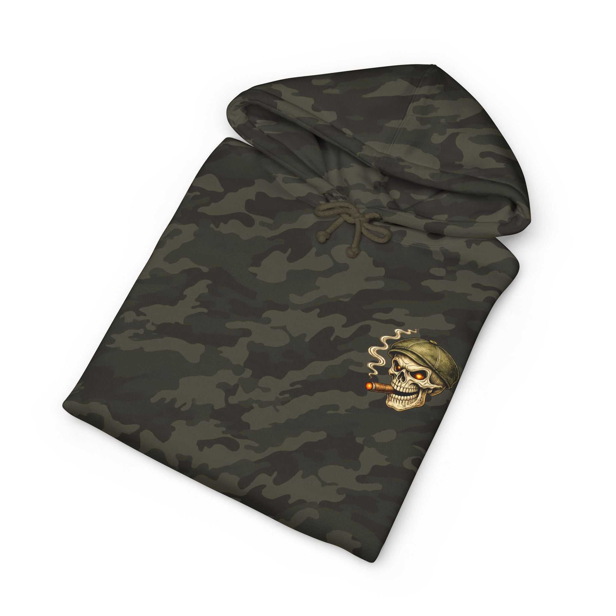 Skull Cigar Hoodie with skull and cigar graphic on muted camo heavyweight pullover hoodie