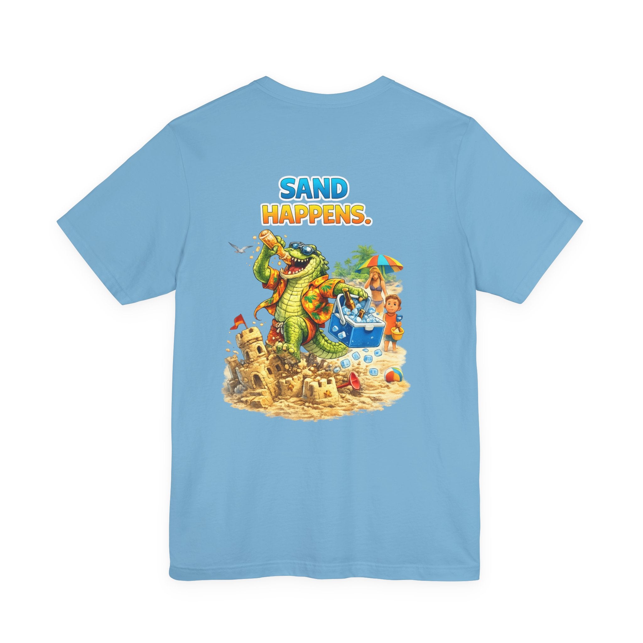 Sand Happens T-Shirt — Playful Alligator Beach Tee