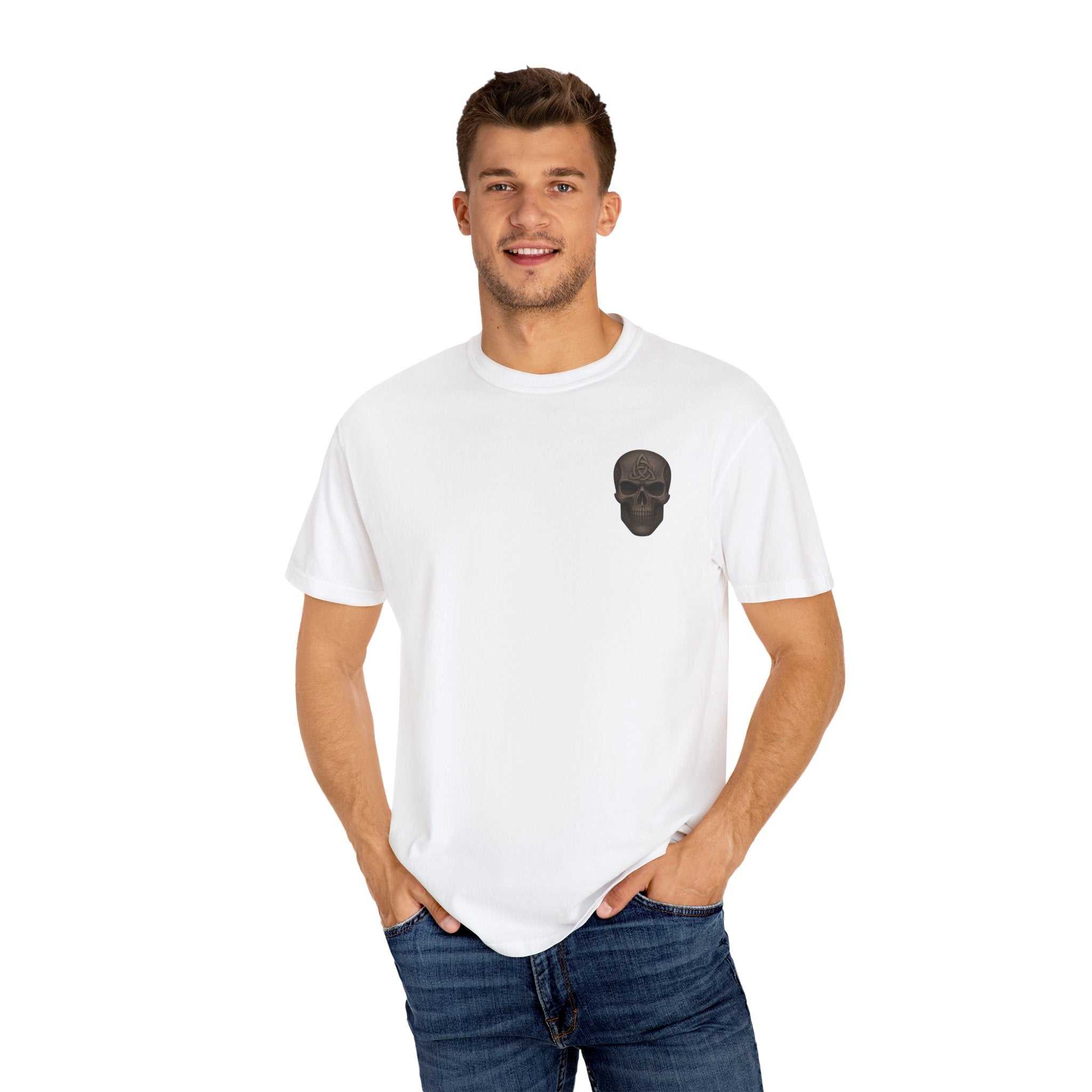 Unisex Spooky Pumpkin Punch T-Shirt with skull graphic, white Halloween tee, casual fall festival attire