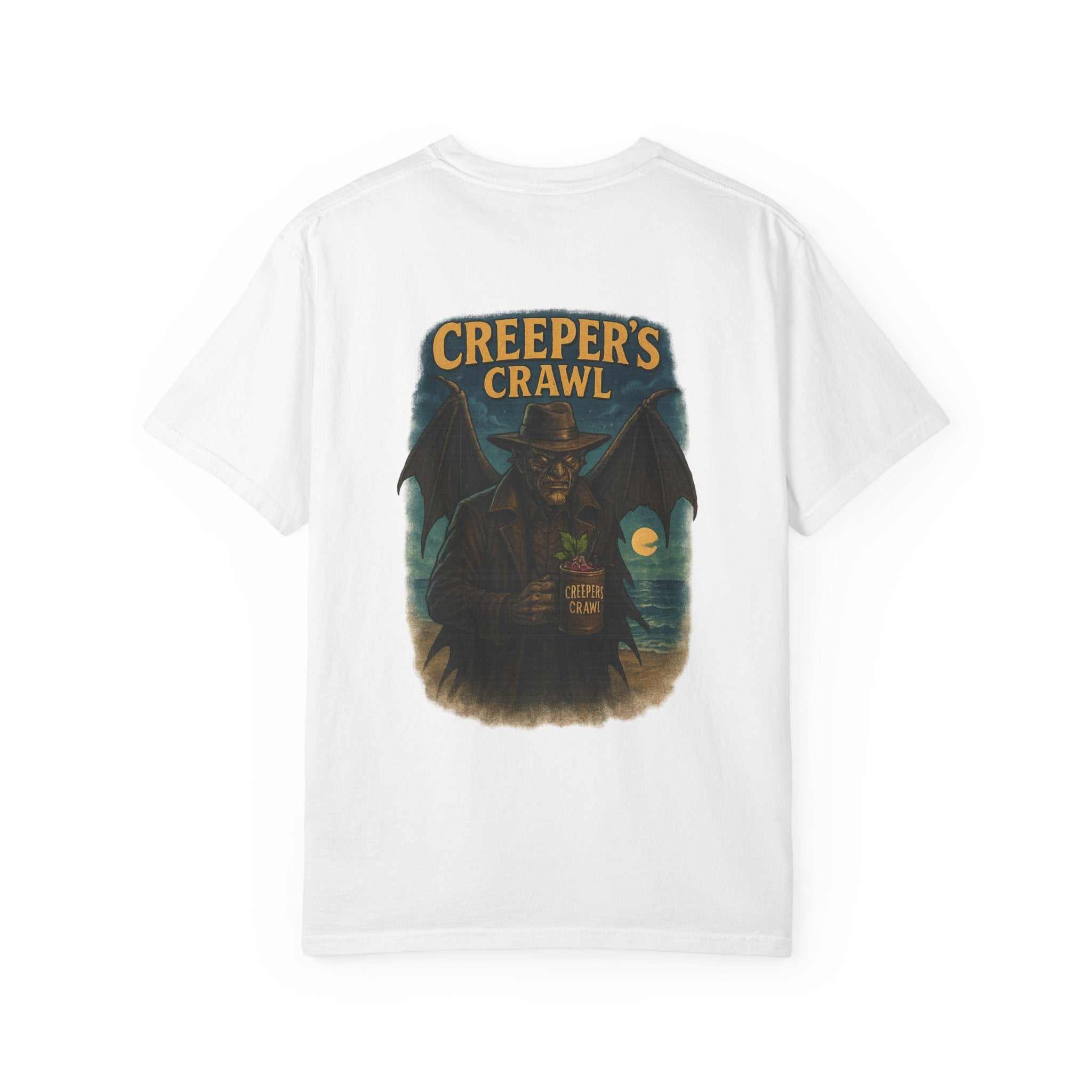 White unisex Creeper's Crawl T-shirt with vintage-style dark graphic on back featuring a winged figure, ideal for Halloween or casual wear