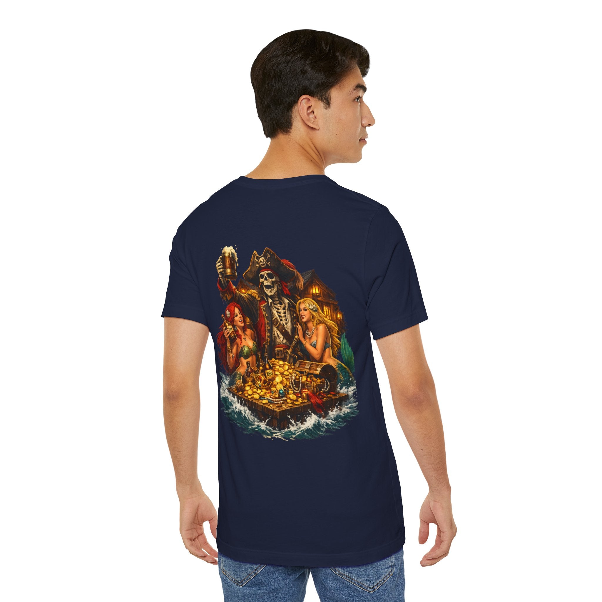 Pirate Skull Treasure Tee — Skeleton Captain, Mermaids & Gold Chest Graphic T-Shirt