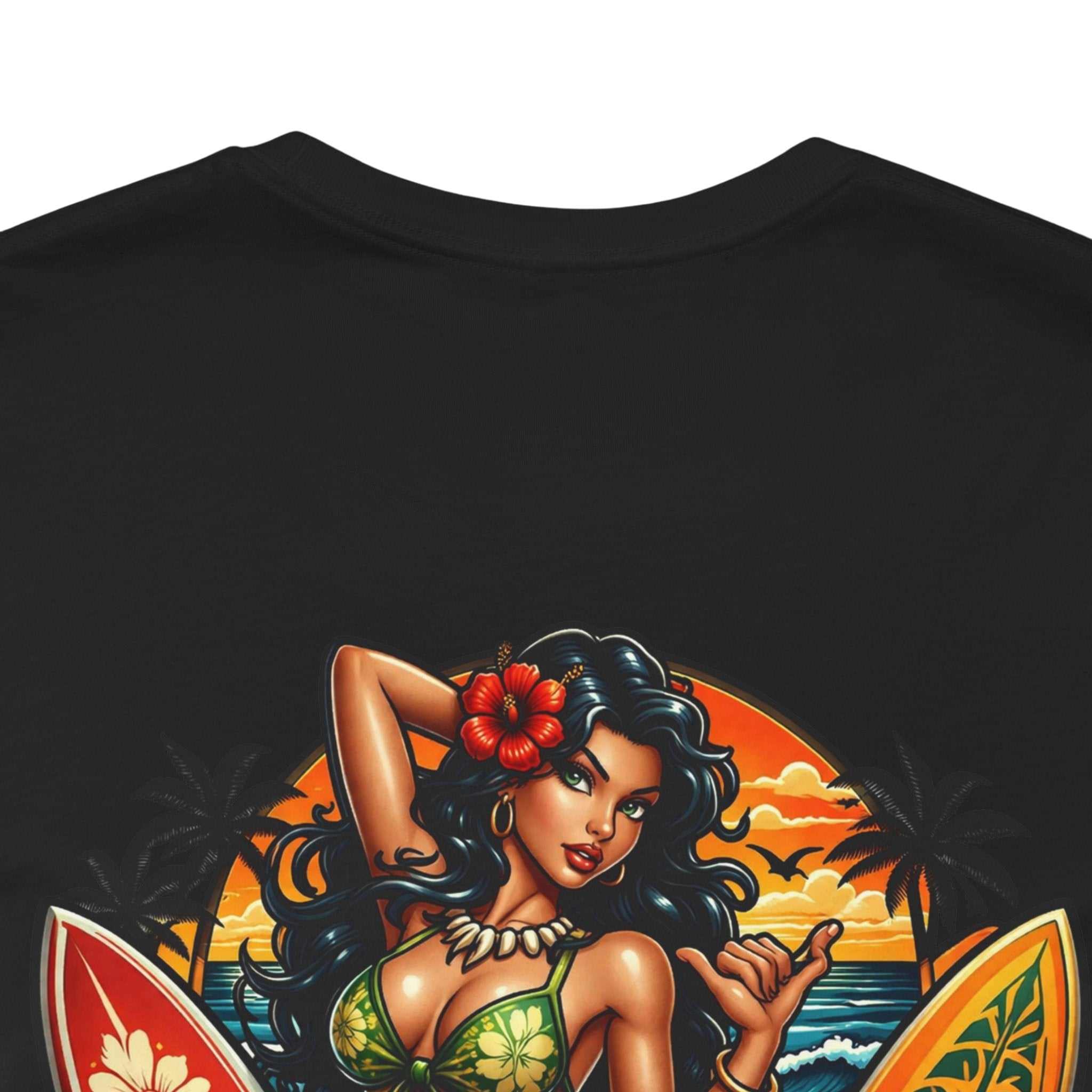 Hawaiian Surfboard T‑Shirt with vibrant surfboard and hula girl graphic on soft breathable cotton
