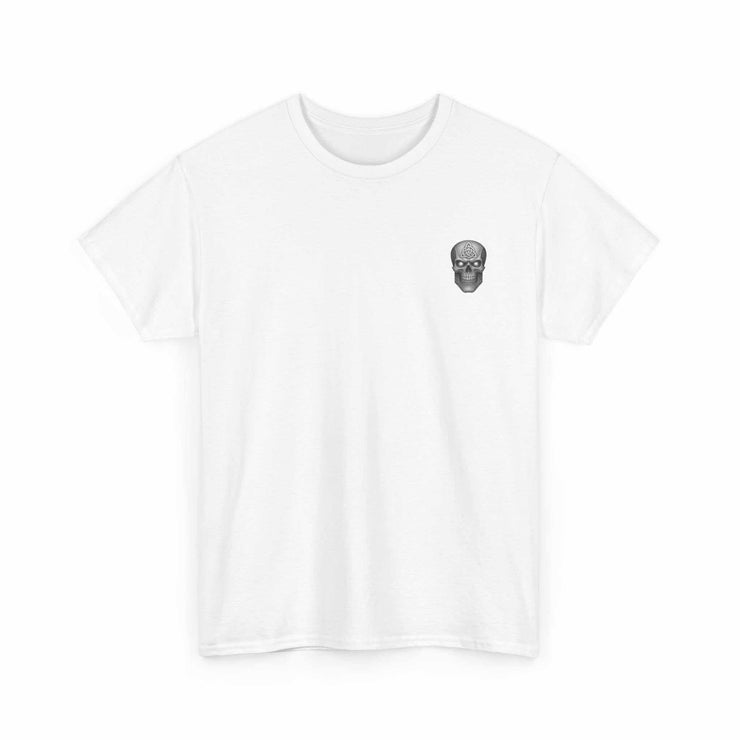 White t-shirt with small skull and sword design symbolizing honor, strength, and courage