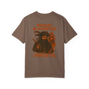 Brown pirate t-shirt featuring rebellious Blackbeard the Pirate and ship graphic with "Beware Blackbeard" text