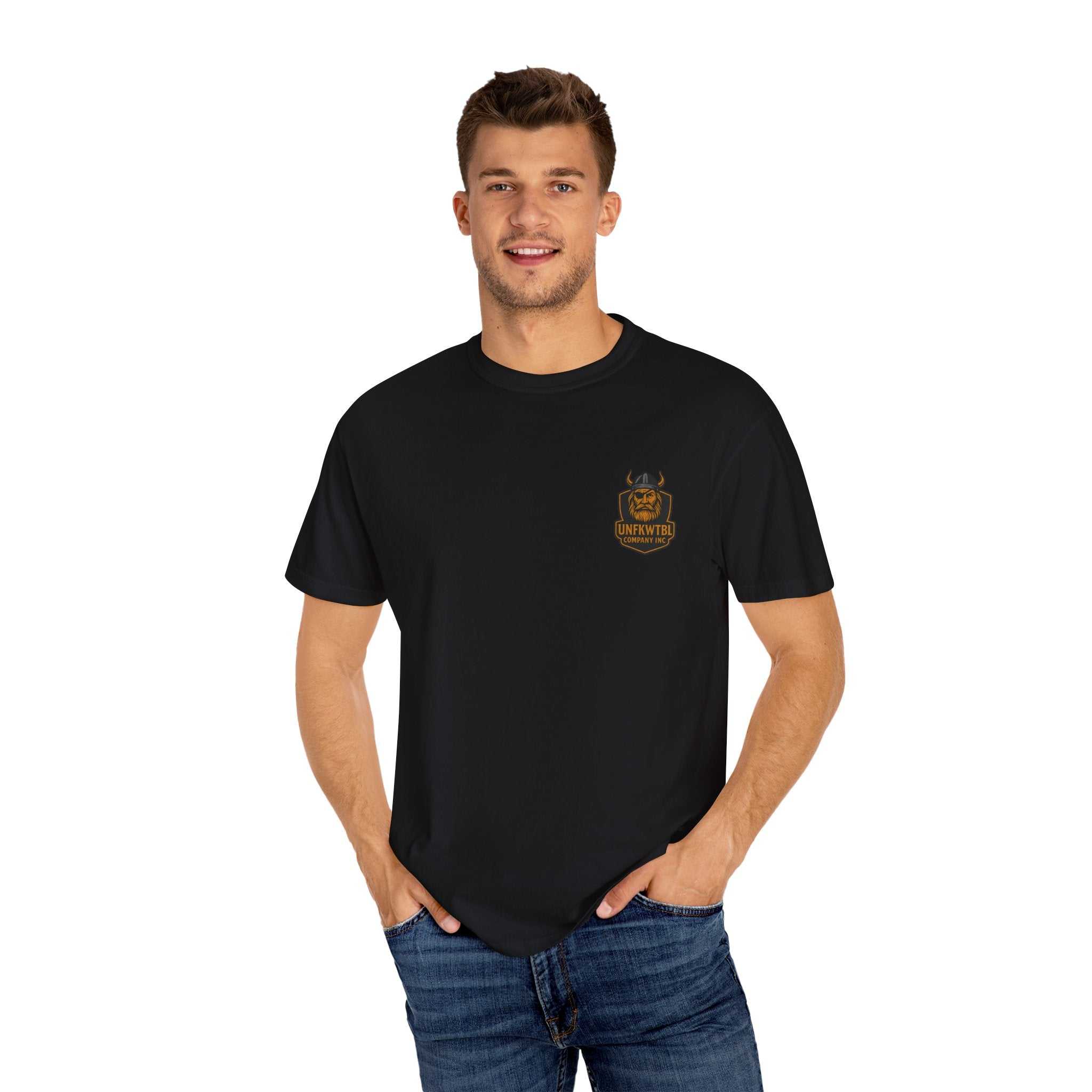 Unisex garment-dyed black t-shirt with Beast King vintage graphic design worn by male model