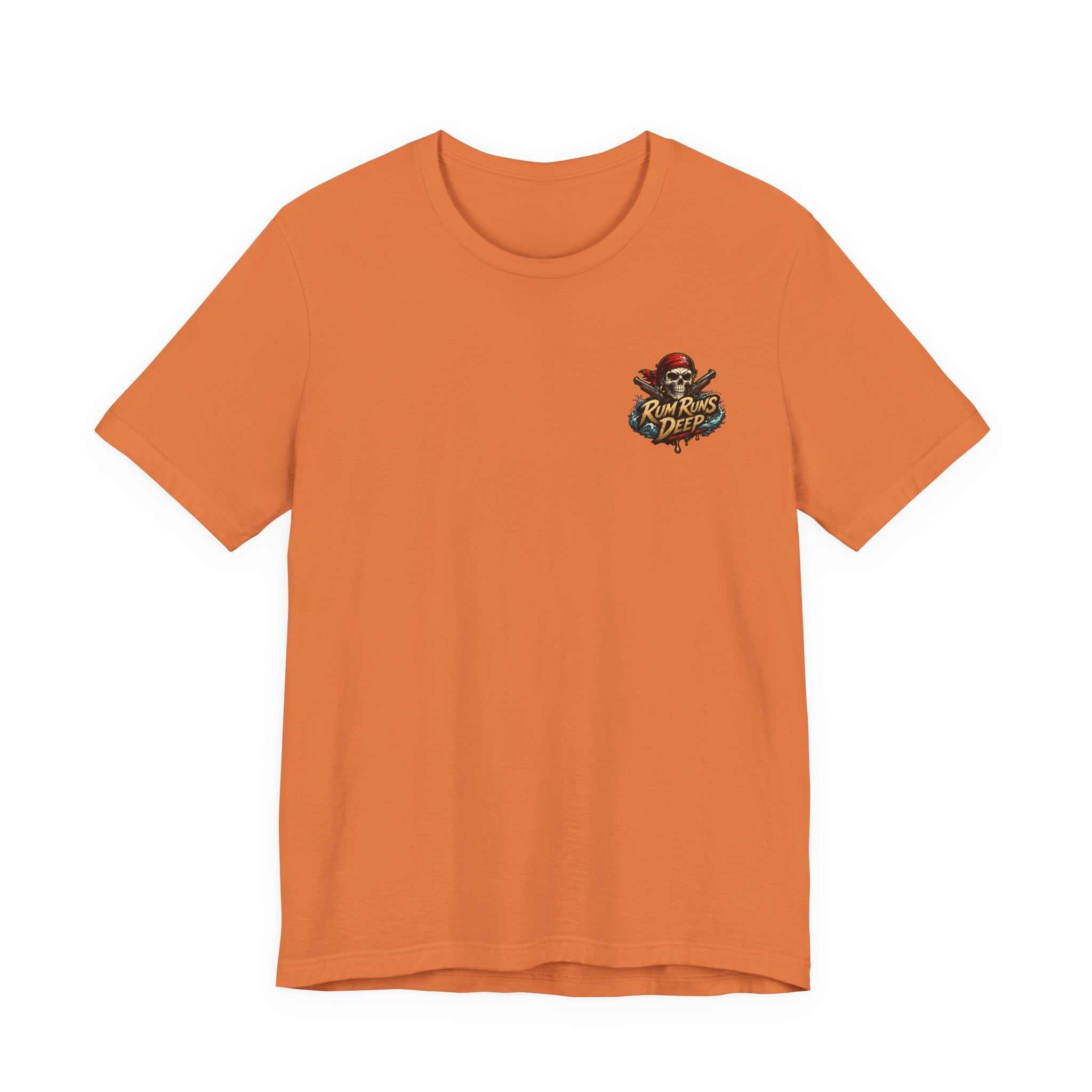 Rum Runs Deep Pirate Tee with vibrant nautical pirate graphic on lightweight cotton shirt