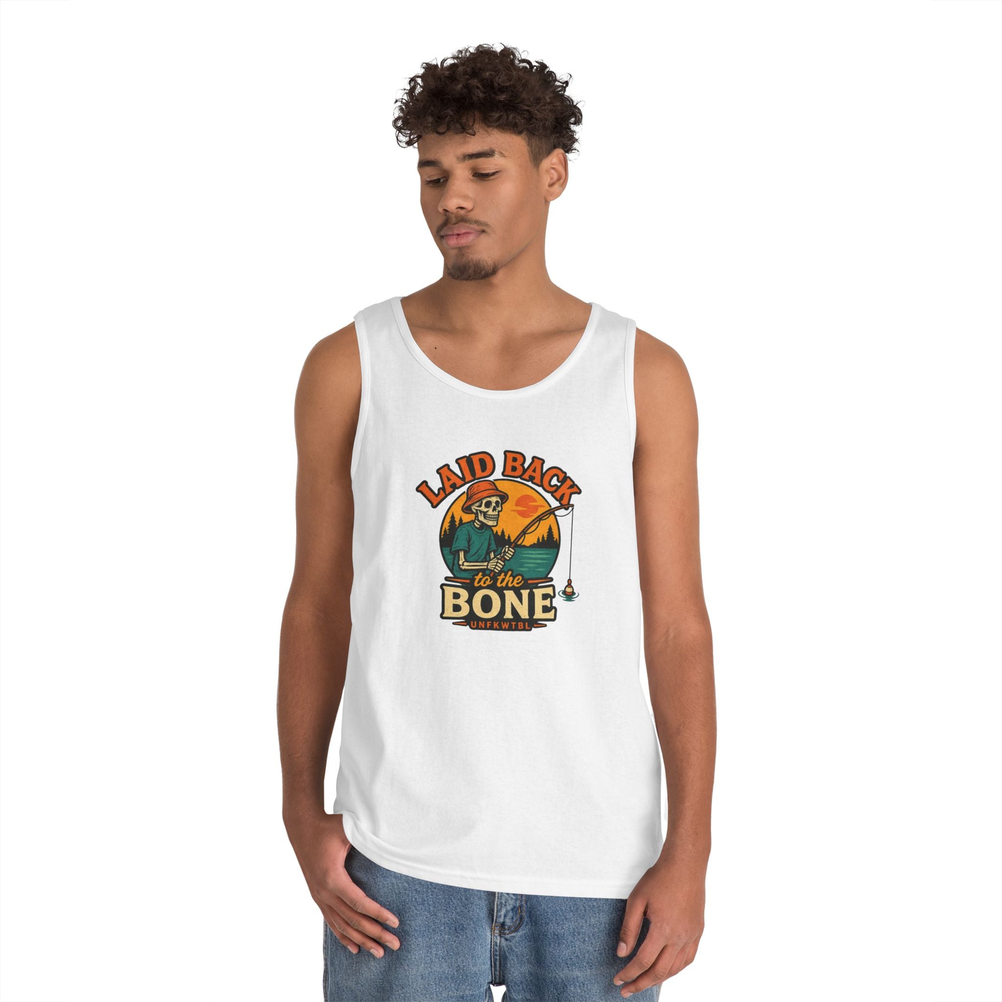 Laid Back to the Bone Tank Top — Retro Skull & Sunset Summer Graphic
