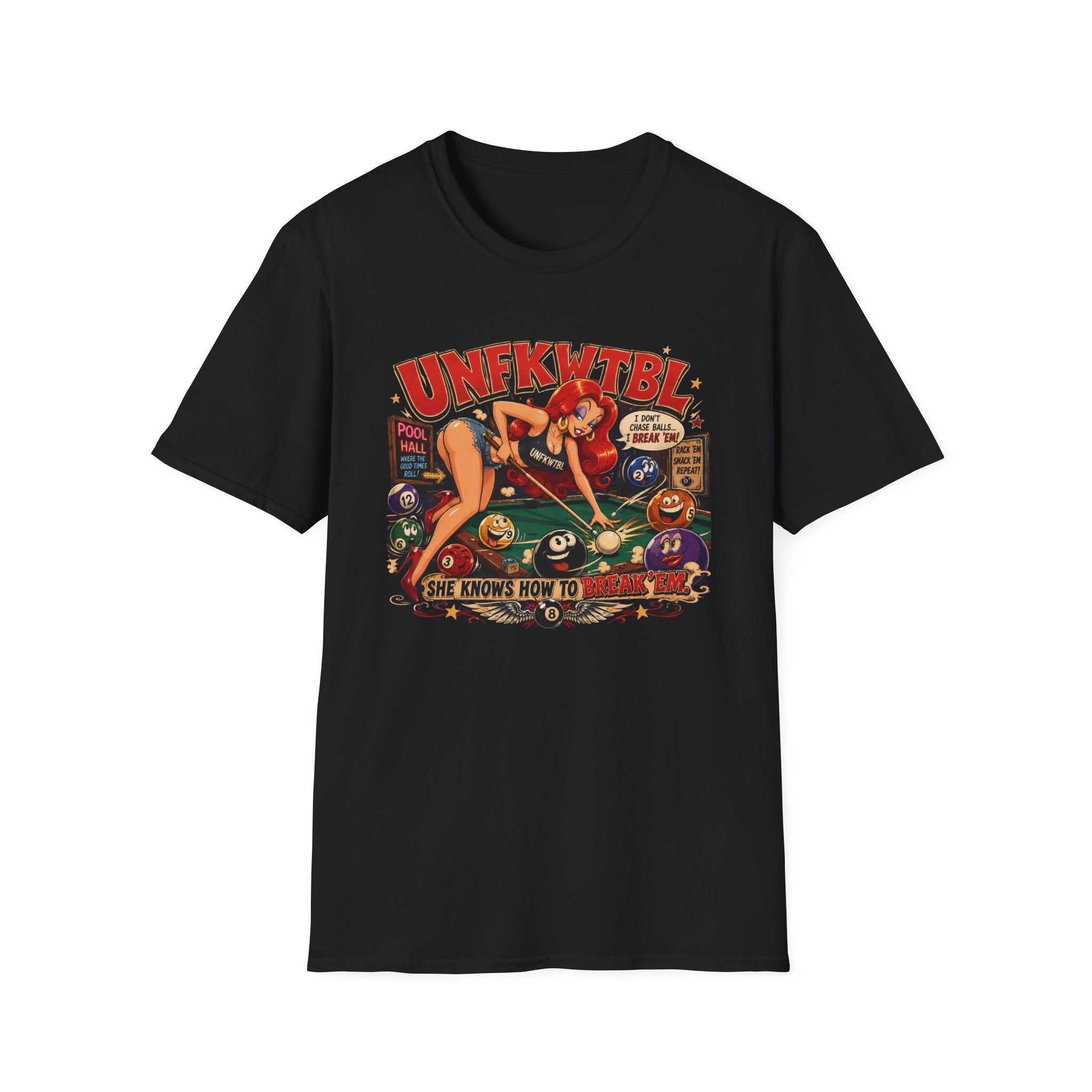 Pinup Pool Shark T-Shirt — "UNFKWTTBL" Vintage Billiards Graphic Tee