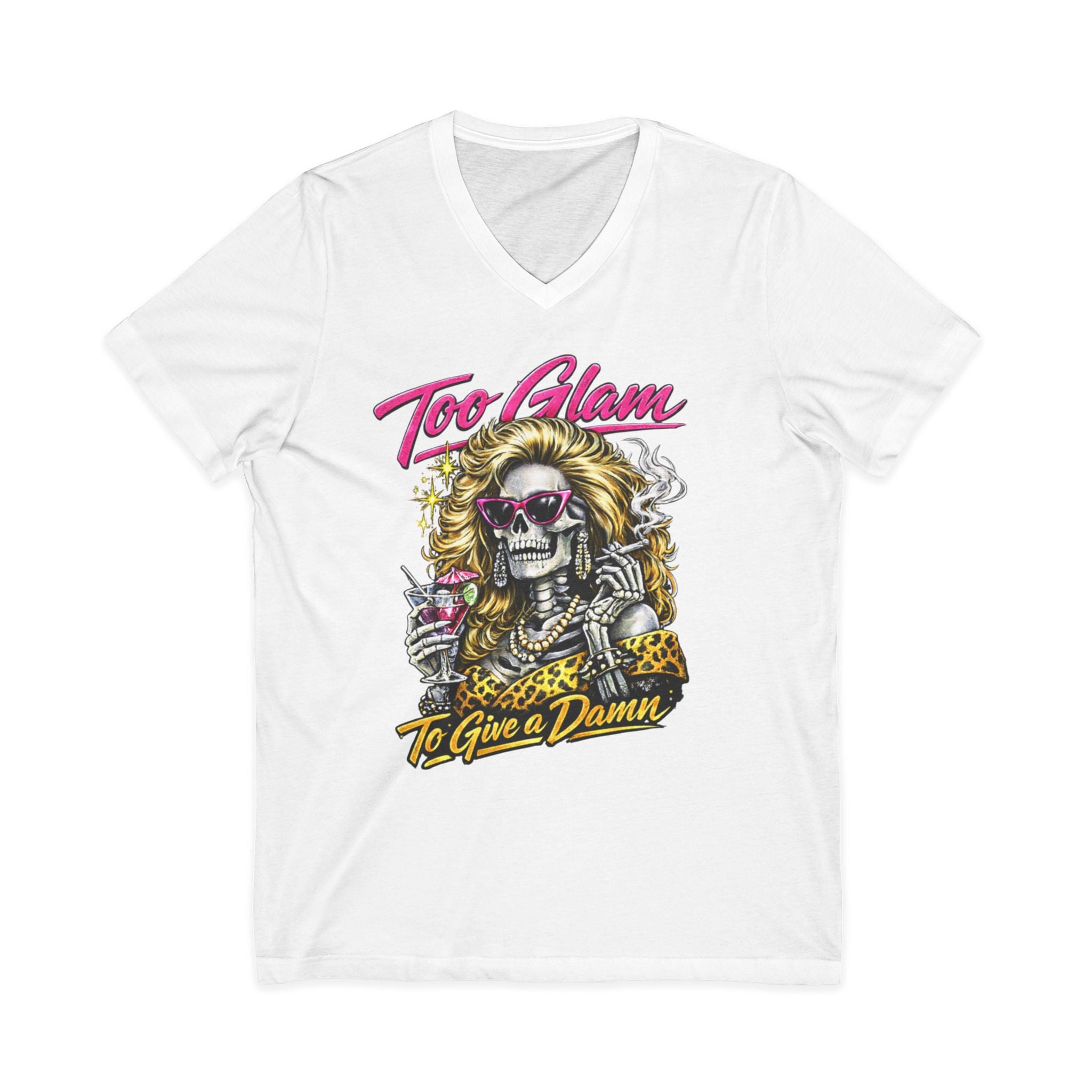Too Glam To Give a Damn Skull Tee — Retro Glam Rock V-Neck Shirt