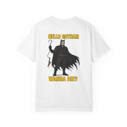 White unisex T-shirt with Batman Ghostface holographic graphic and "Hello Gotham Wanna Die?" text