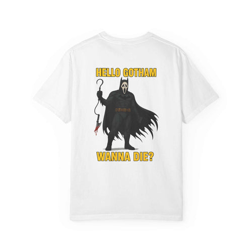 Batman Holographic Ghostface unisex white T-shirt with spooky Gotham design and "Hello Gotham Wanna Die?" text
