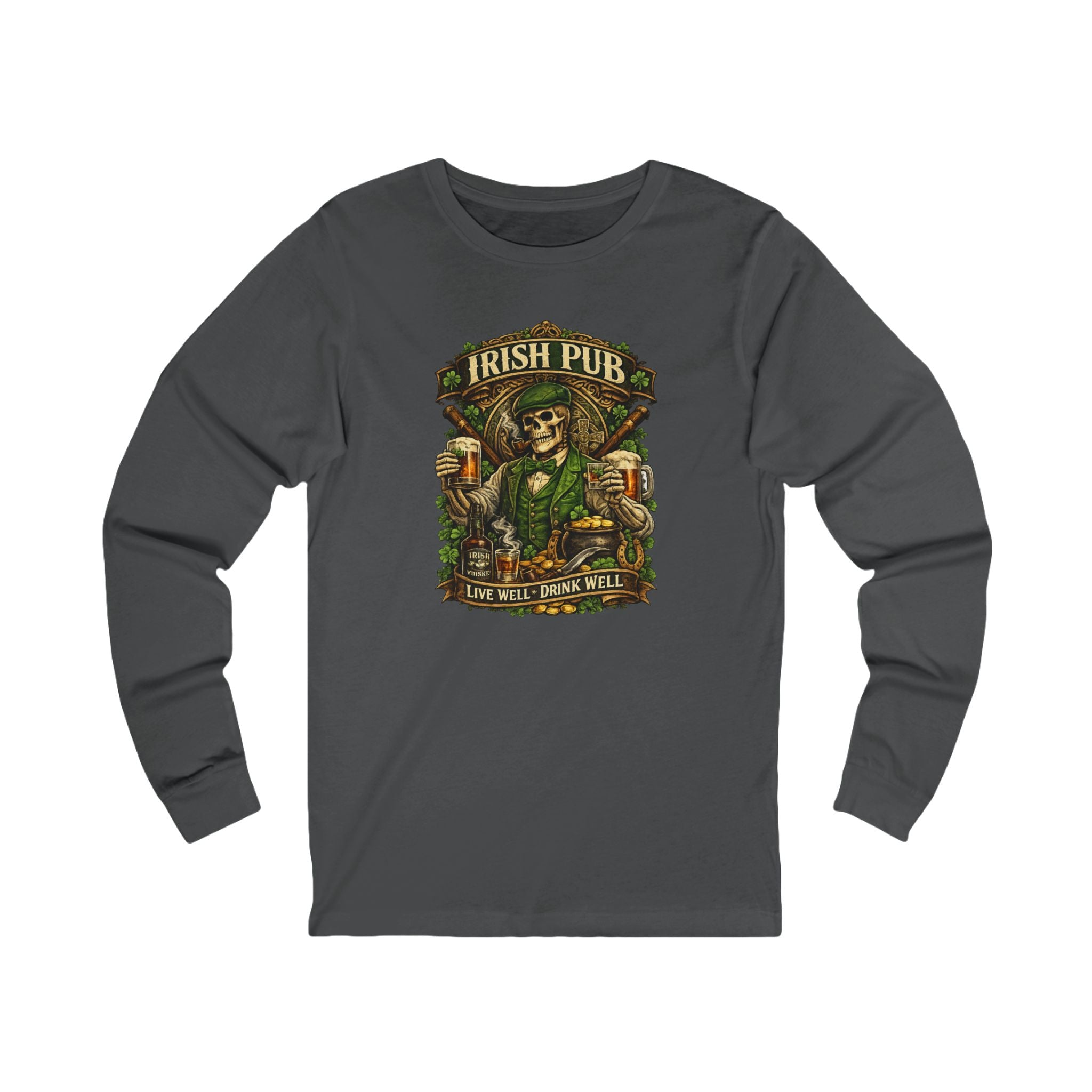 Irish Pub St. Patrick's Day Long Sleeve Tee — 'Irish Pub' Vintage Skull Beer Design