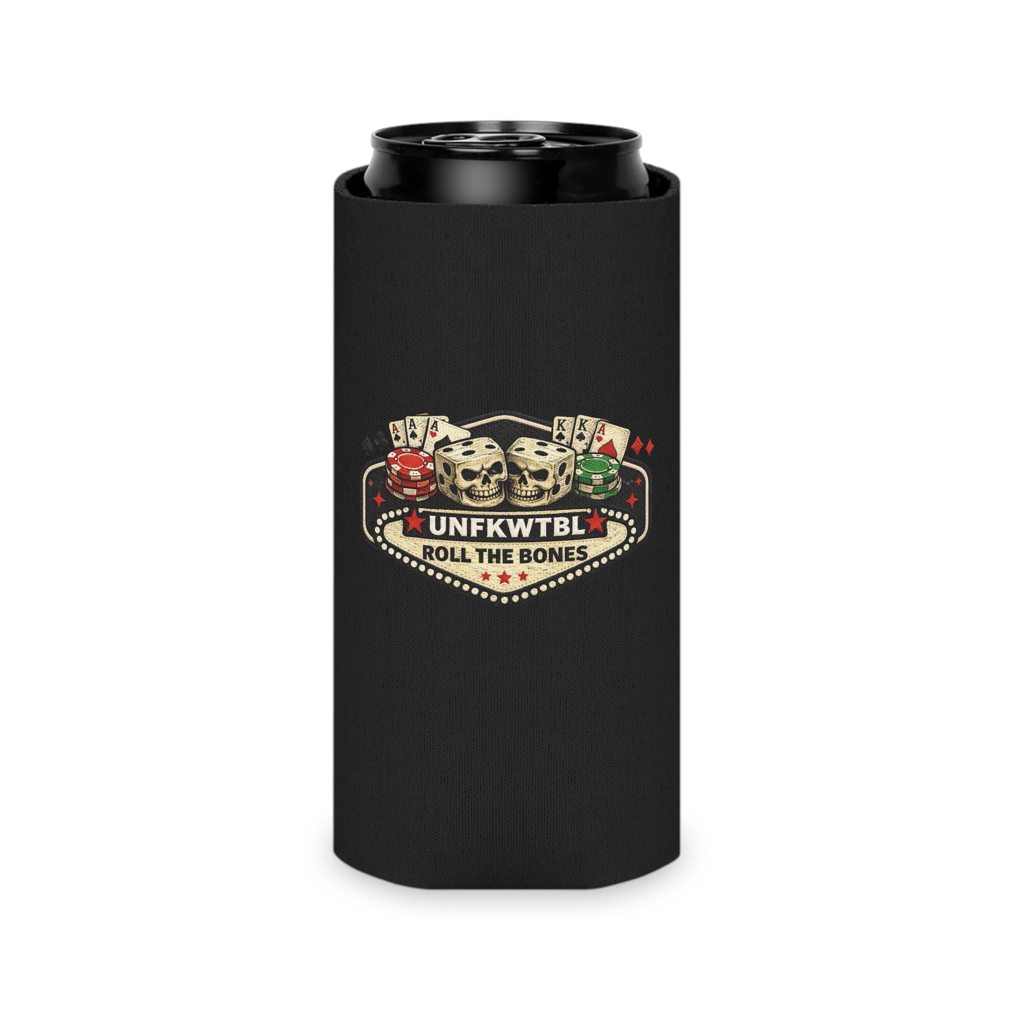 Can Cooler — 'Stay Cold, Remain UNFKWTBL' Skull & Dice Beer Koozie