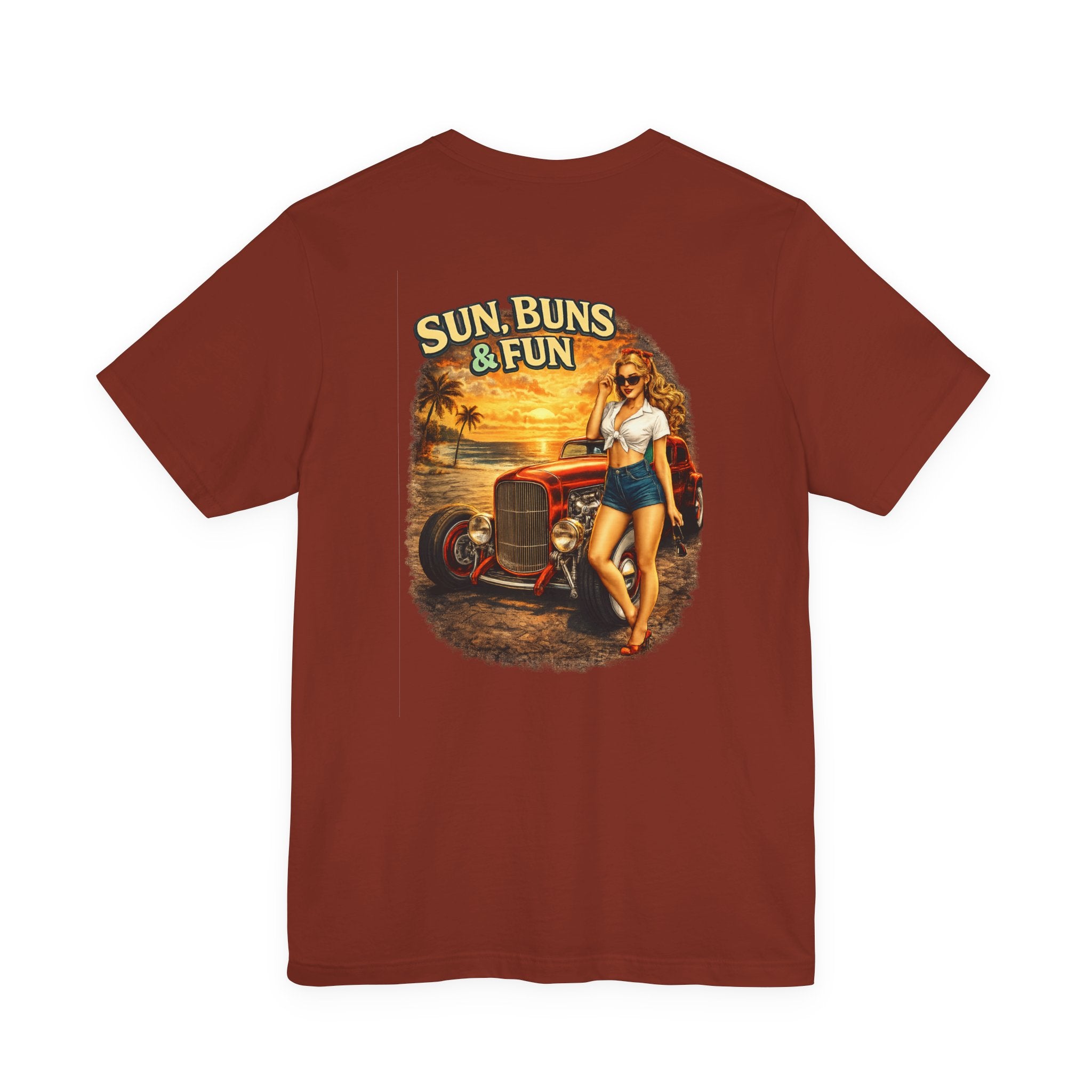 Sun, Buns & Fun Tee — Retro Pin-Up Hot Rod Beach T-Shirt