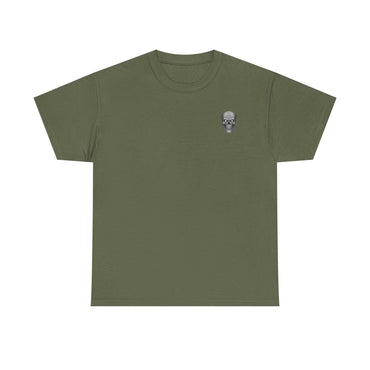 olive green Beach Vibes Tee with small skull graphic on chest, short sleeve casual t-shirt