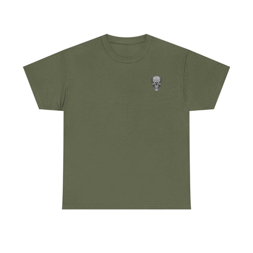 olive green Beach Vibes Tee with small skull graphic on chest, short sleeve casual t-shirt