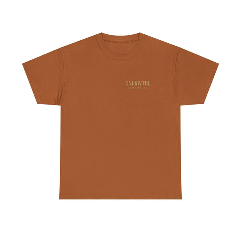 Brown unisex heavy cotton t-shirt with subtle Michael Myers Calm Before the Kill design and shoulder tape for durability.