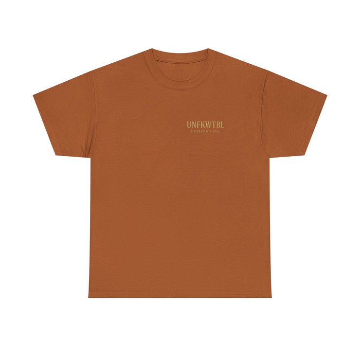 Brown unisex heavy cotton t-shirt with subtle Michael Myers Calm Before the Kill design and shoulder tape for durability.
