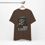 Dead & Lucky Skull Tee with grinning skull and mug graphic, lightweight cotton shirt