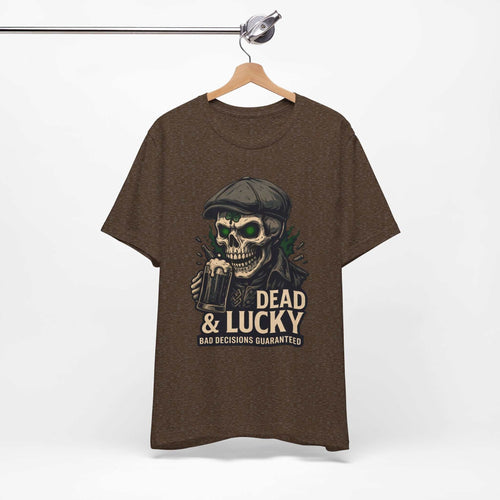 Dead & Lucky Skull Tee with grinning skull and mug graphic, lightweight cotton shirt