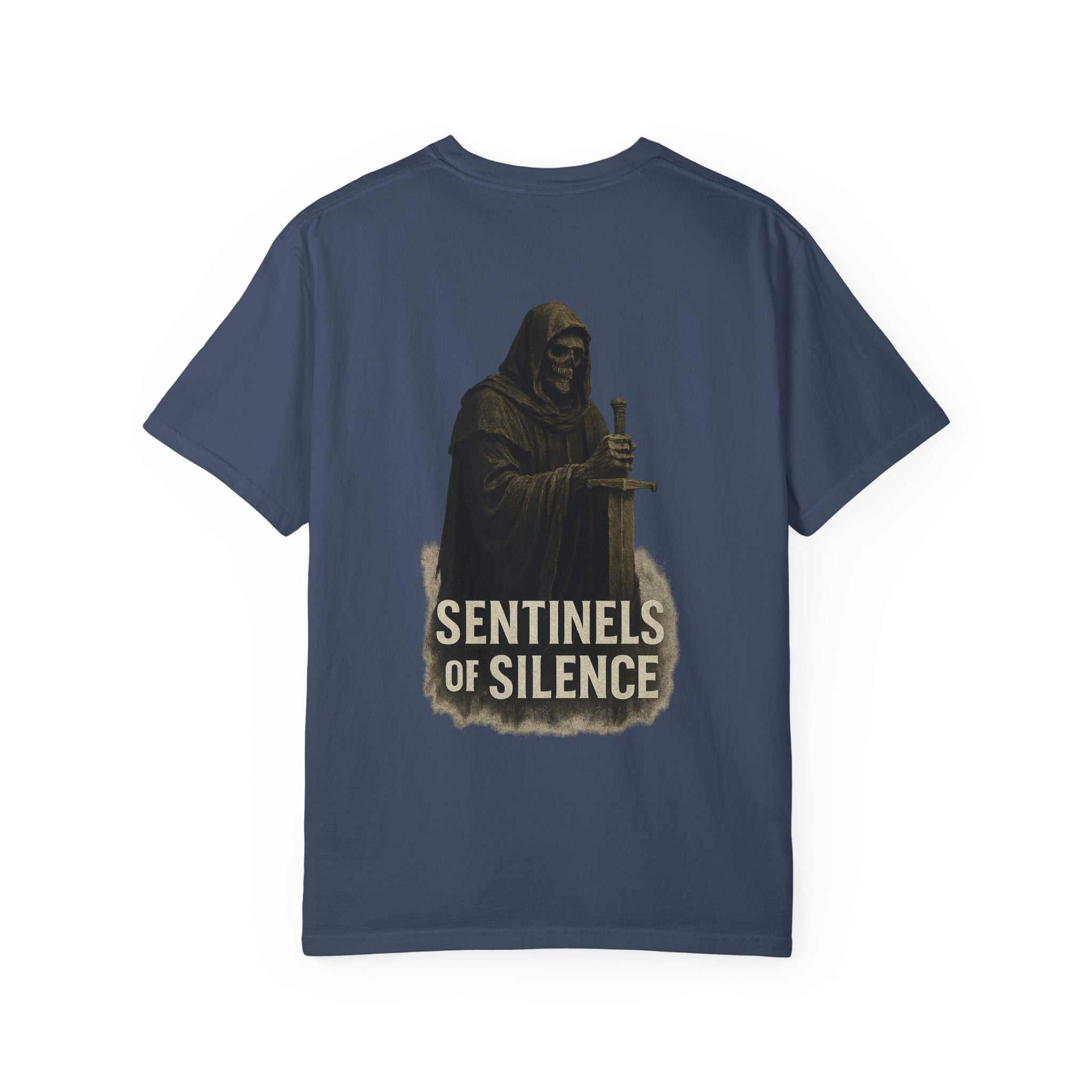Sentinels of Silence unisex T-shirt with quote design in black on soft cotton fabric