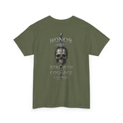 Olive green t-shirt with skull and sword graphic and honor strength courage text design