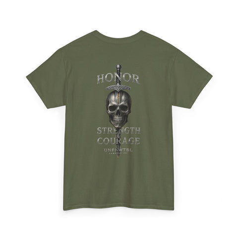 Olive green t-shirt with skull and sword graphic and honor strength courage text design