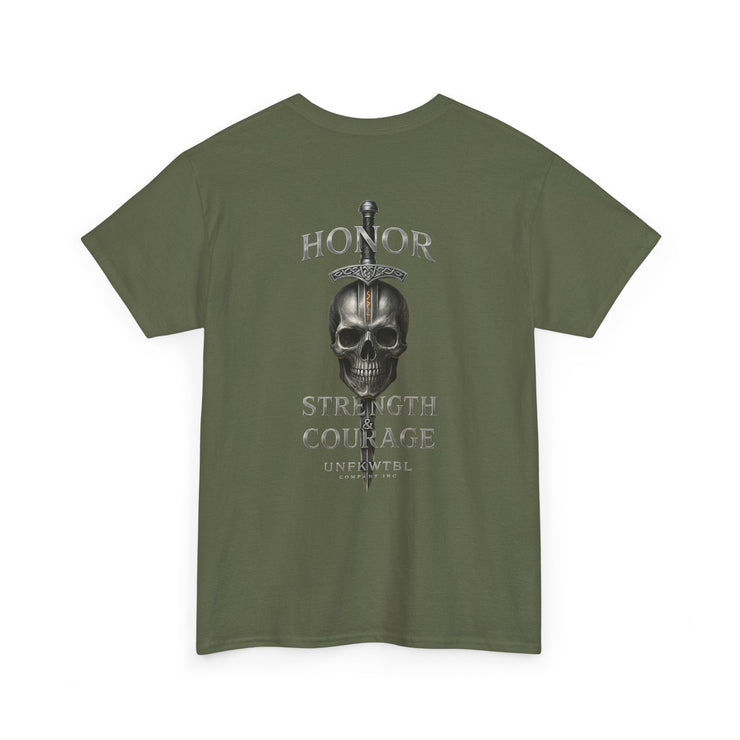 Olive green t-shirt with skull and sword graphic and honor strength courage text design