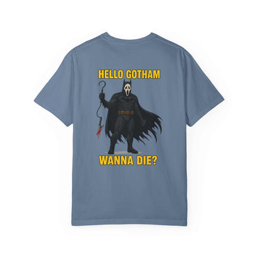 Batman Holographic Ghostface t-shirt with spooky Batman-Ghostface design and "Hello Gotham Wanna Die?" text