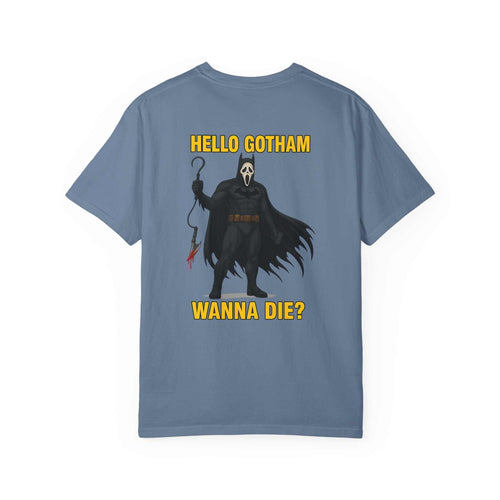 Batman Holographic Ghostface t-shirt with spooky Batman-Ghostface design and "Hello Gotham Wanna Die?" text