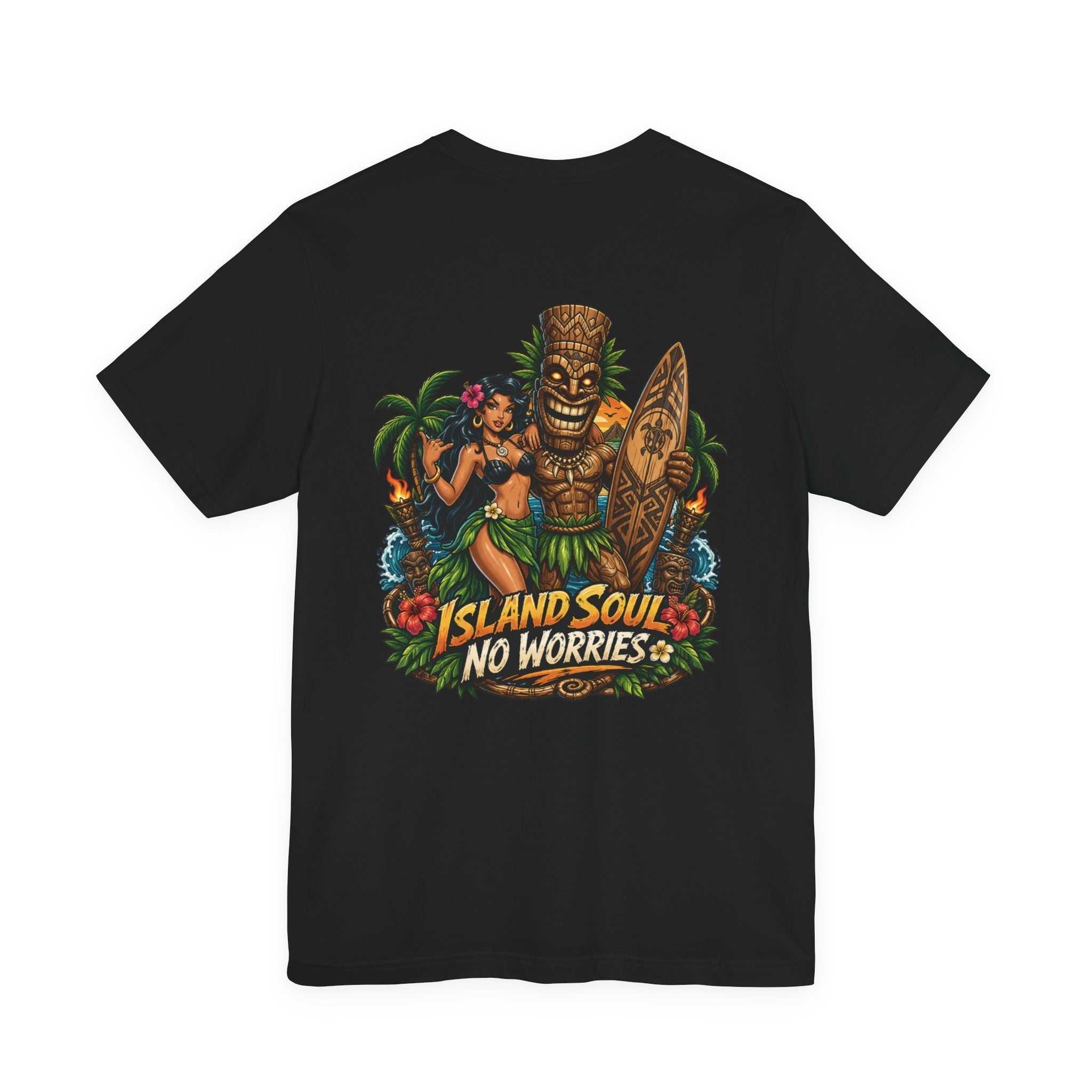 Tropical Tiki Tee with tiki design, hibiscus flowers, and rolling waves on back, soft breathable cotton shirt for island vibes