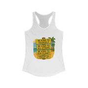 White Kindness Vibes Racerback Tank with inspirational beach-themed graphic and motivational text