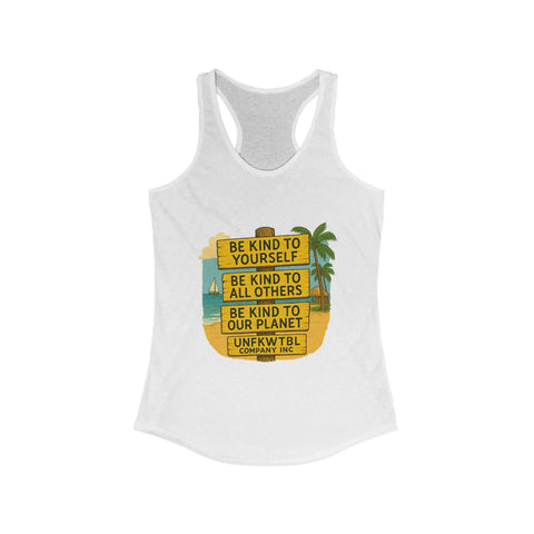 White Kindness Vibes Racerback Tank with inspirational beach-themed graphic and motivational text