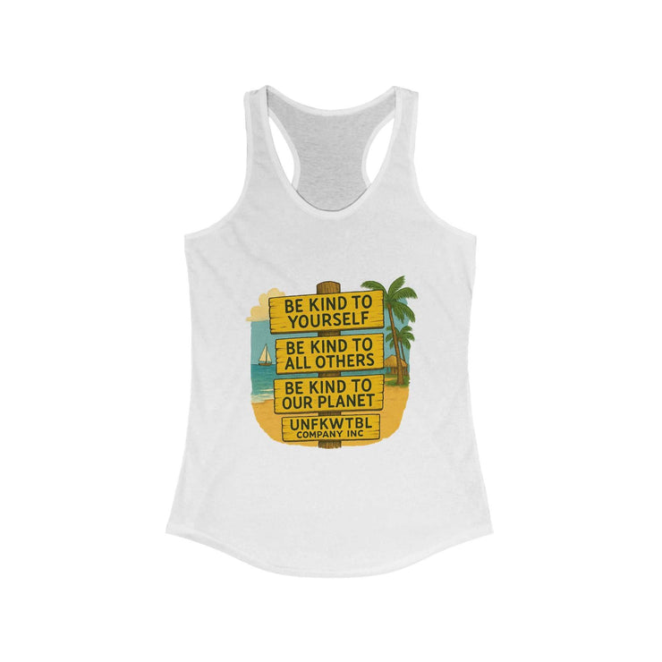 White Kindness Vibes Racerback Tank with inspirational beach-themed graphic and motivational text