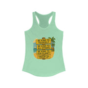 Light green Kindness Vibes Racerback Tank with motivational beach-themed print promoting kindness to self, others, and the planet.