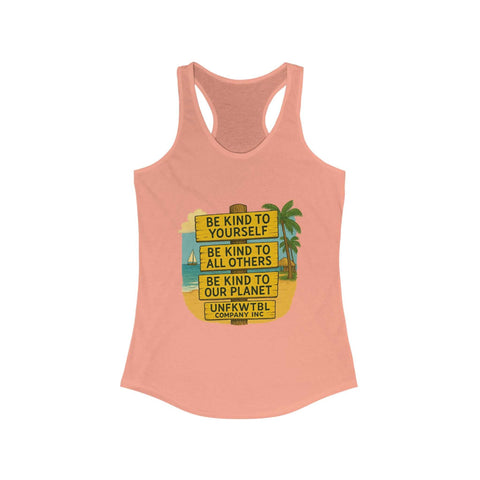Pink Kindness Vibes Racerback Tank with motivational text and beach-themed design for women