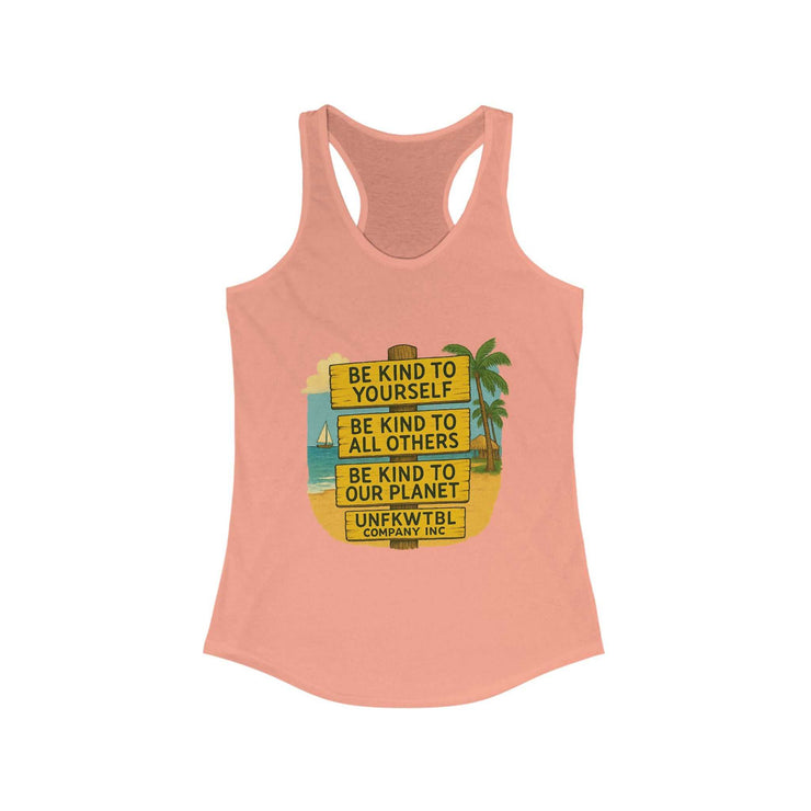 Pink Kindness Vibes Racerback Tank with motivational text and beach-themed design for women