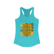 Women's blue Kindness Vibes Racerback Tank with motivational eco-friendly beach design